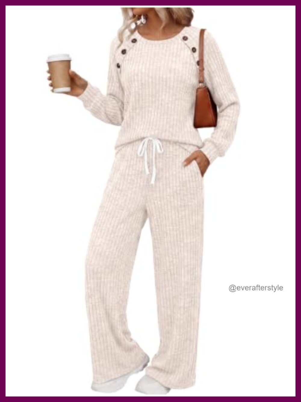 Two-Piece Lounge Set Ribbed Knit Crew Neck Wide Leg Pants Travel Casual